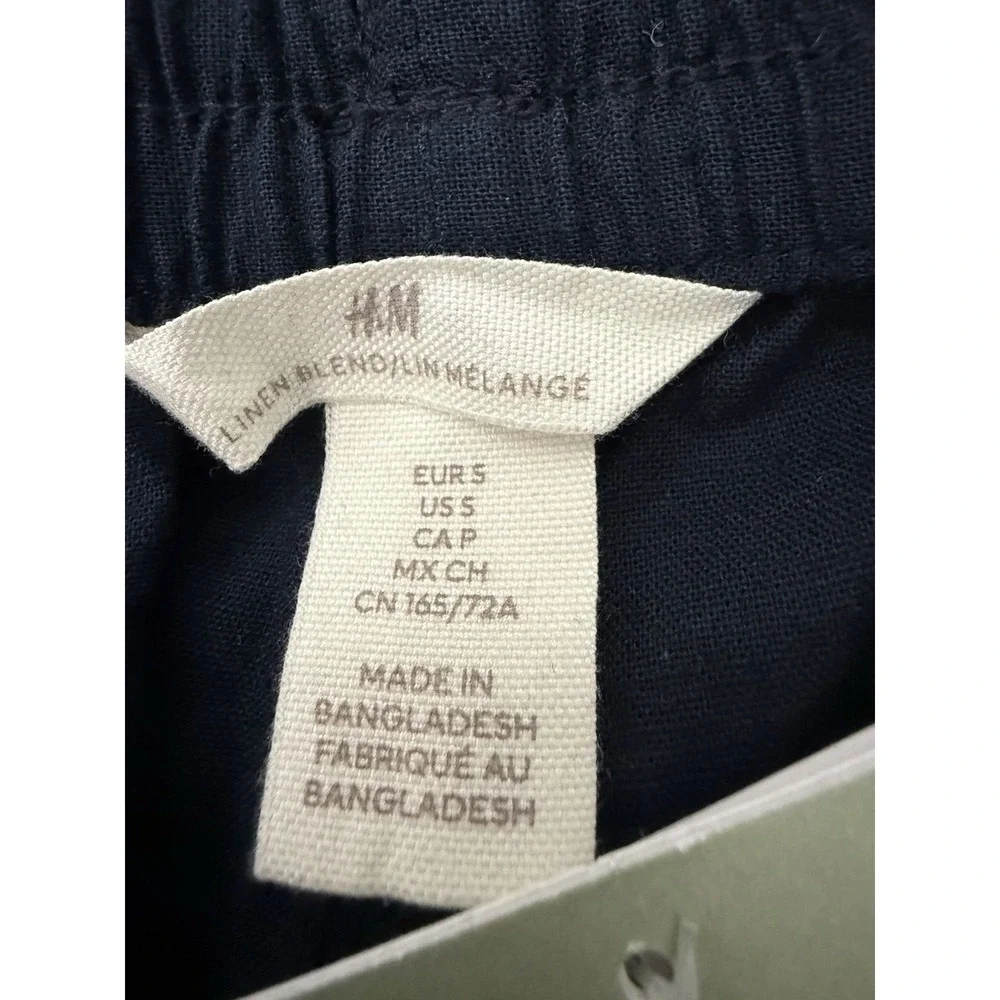 H&M NEW Linen Blend Navy Blue PANTS Small Tapered Casual Pull On Minimalist NWT